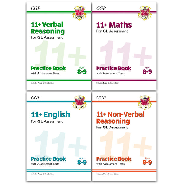 11+ GL Ages 8-9 Practice Book; Assessment Tests 4 Books Set: English, Maths, Verbal and Non-Verbal Reasoning