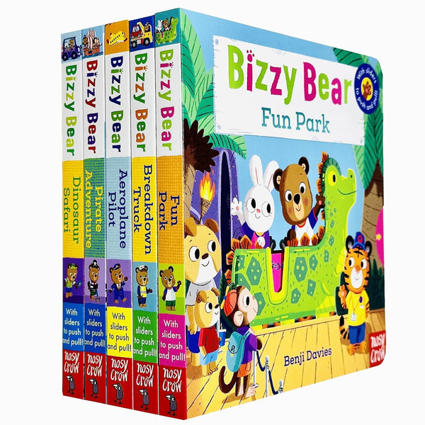 Bizzy Bear Series 5 Books Collection Bundle Set(Fun Park, Breakdown Truck, Aeroplane Pilot, Pirate Adventure & Dinosaur Safari)(With Sliders to Push and Pull!)