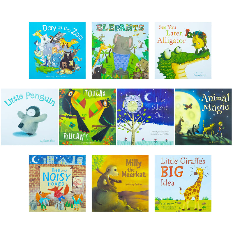 A Day at the Zoo 10 Animal Stories Illustrated Picture Flats Book Collection Set (Animal Magic, Little Giraffe Big Idea, Little Penguin, See You Later Alligator,The Silent Owl, Milly the Meerkat)