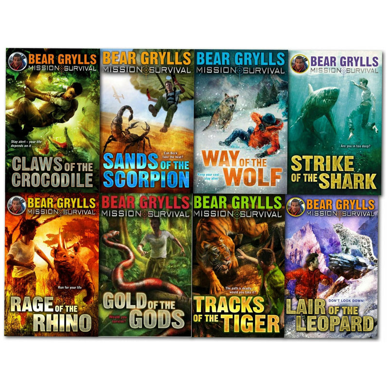 Bear Grylls Mission Survival Collection 8 Books Set Claws of the Crocodile, Sands of the Scorpion, Gold of the Gods, Way of the Wolf