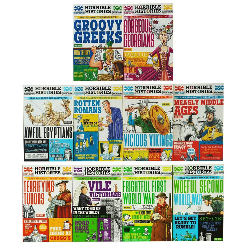 Horrible Histories Savage 10 Book Collection Set (Awful Egyptians, Rotten Romans, Vicious Vikings, Measly Middle Ages, Terrifying Tudors, Vile Victorians, Frightful First World War & More)