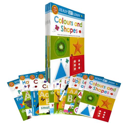 Wipe Clean Ready Set Learn 10 Early Learning Books Set Collection - Phonics, Alphabets, Numbers, Letters, Words, Colours, Shapes